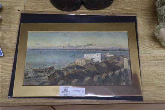 19th century English School, watercolour, Zanzibar looking North, signed with monogram and dated 1866, 19 x 35cm